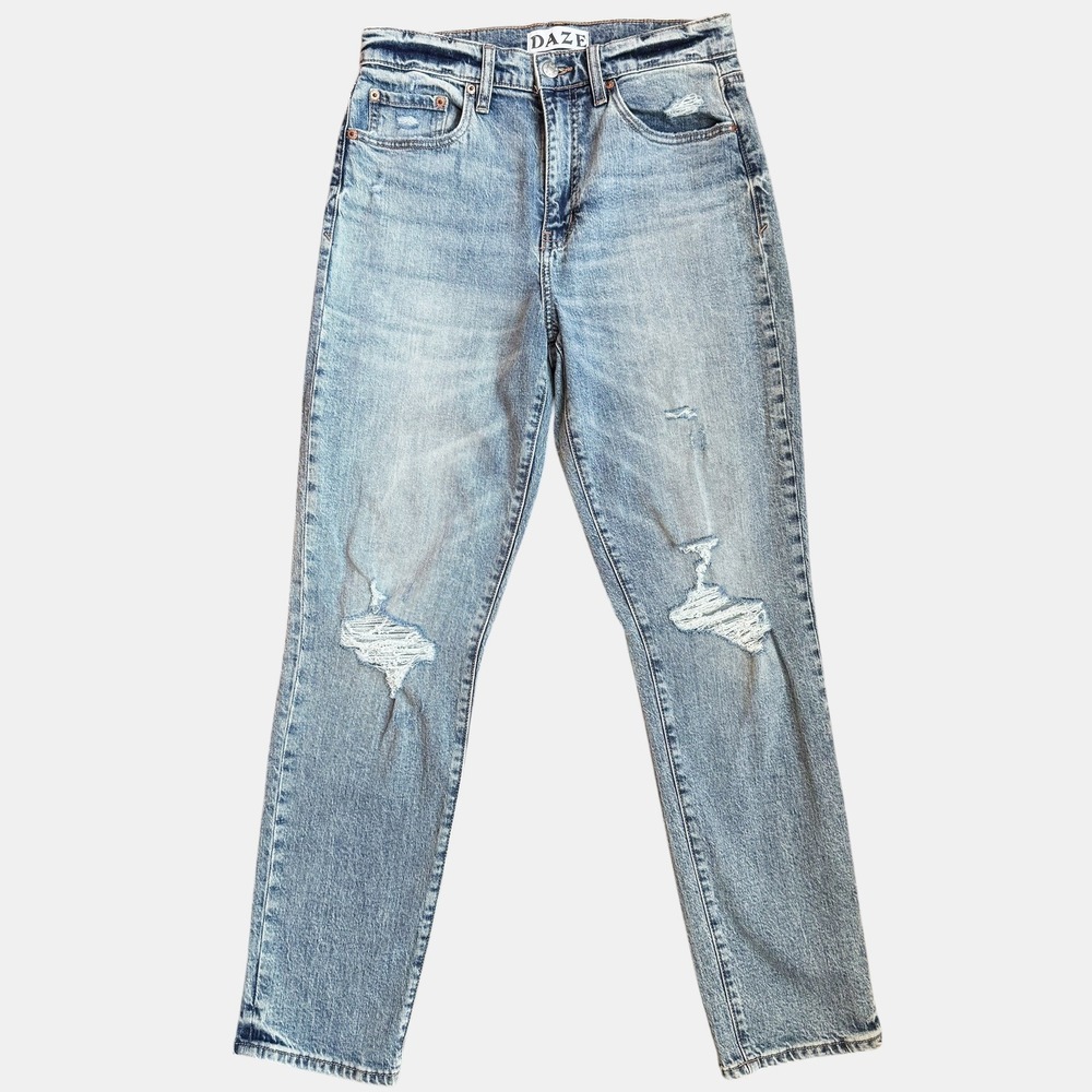 Daze Tough‎ Love High Rise Distressed Straight Leg Jeans Light Wash 28 Grunge